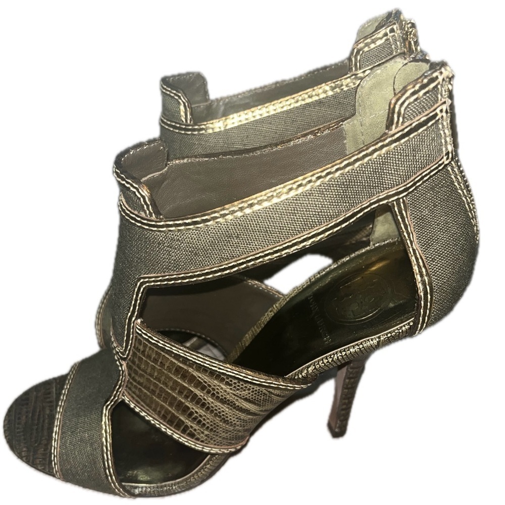 Tory Burch Geoff Olive Green & Gold Caged Heel Sandals 9.5M, Used